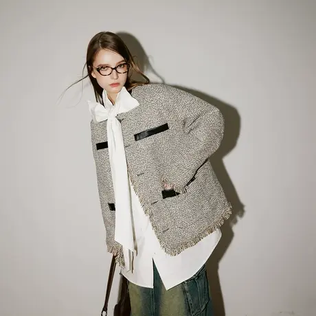 小香风拼接流苏棉服女冬季夹棉外套新款复古宽松高级感超好看棉衣商品大图