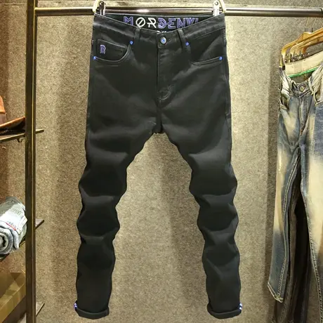 黑色修身显瘦牛仔裤男秋冬款潮牌刺绣男士时尚百搭青年弹力小脚裤商品大图