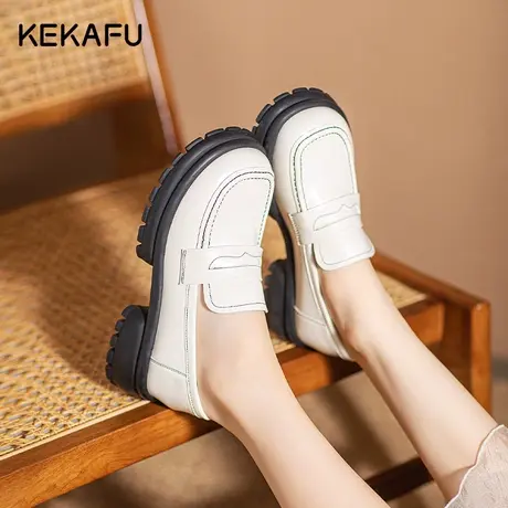 珂卡芙白色乐福鞋女2023新款秋季厚底松糕鞋英伦风小皮鞋百搭女鞋商品大图