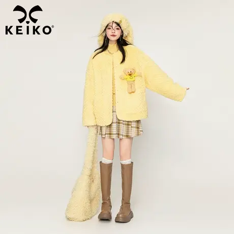 KEIKO [夹棉] 仿兔绒毛呢外套女加厚23秋冬高级感菠萝纹格子棉服图片