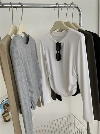 褶皱收腰修身内搭长袖T恤女23秋冬基础款圆领百搭套头打底衫上衣商品大图