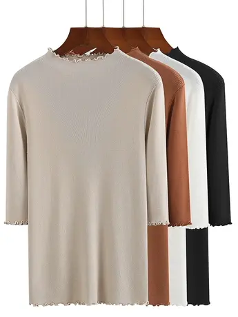 春秋新款韩版纯棉修身显瘦半高领荷叶边中袖体恤上衣内搭女打底衫图片