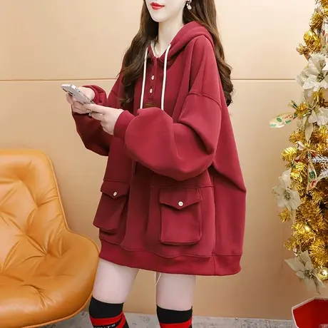 加绒加厚连帽卫衣外套女2023新款秋冬爆款洋气宽松慵懒风百搭上衣商品大图