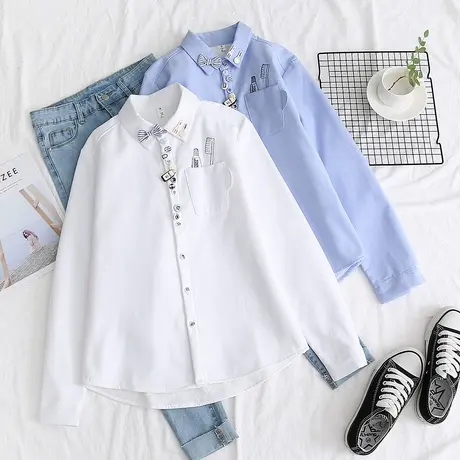 秋冬新款日系小清新刺绣加绒加厚衬衫女长袖宽松百搭学生打底衬衣图片