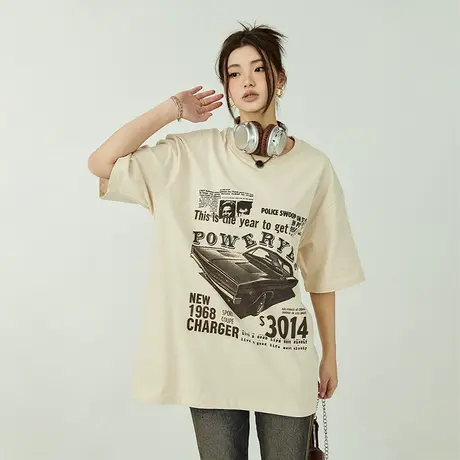 2023新款夏季美式复古短袖t恤女宽松ins潮牌设计感小众上衣情侣装商品大图