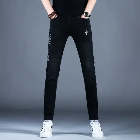 男士新款牛仔裤子黑色百搭修身破洞补丁印花小脚裤2023秋季男潮牌商品大图