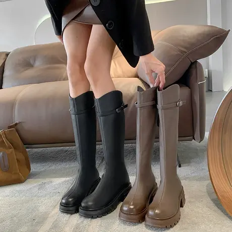 厚底长筒靴女2023年春秋季新款网红ins潮复古瘦瘦靴粗跟v口骑士靴图片