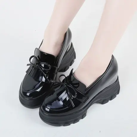 小皮鞋女英伦学院风内增高乐福鞋10公分高跟厚底浅口流苏漆皮单鞋商品大图