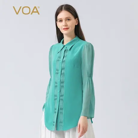 VOA30姆米重磅真丝POLO领拼接乔其长袖塔克褶圆弧摆桑蚕丝衬衫图片