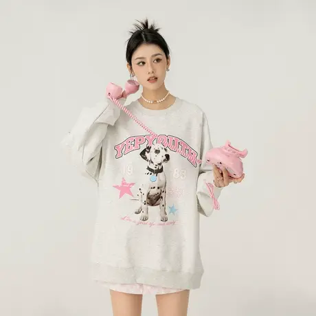 yep小狗灰色卫衣女春秋2023新款韩系oversize圆领上衣外套潮牌商品大图