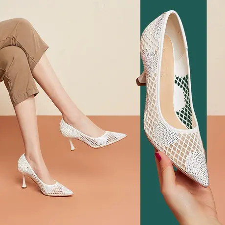 夏季新款尖头浅口透气网纱婚礼高跟鞋女细跟真皮婚纱镂空单鞋商品大图