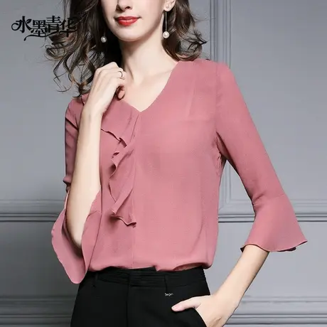 【1件7.9折】夏装新品时尚女装上衣优雅百搭荷叶袖休闲衫衬衫商品大图