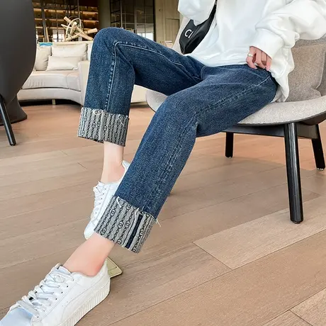 卷边牛仔裤女直筒宽松春秋季烟管裤高腰显瘦复古翻边阔腿九分裤子商品大图