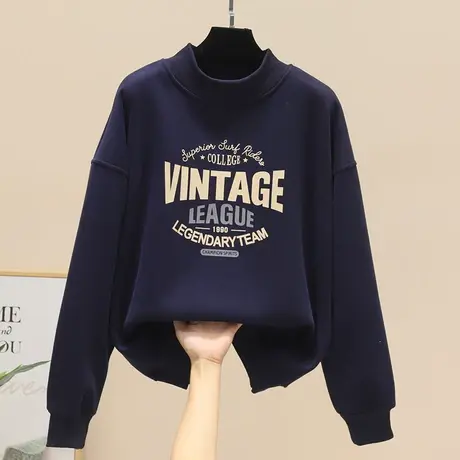 半高领印花加绒卫衣秋冬女装2023新款时尚韩版宽松加厚上衣外套潮商品大图