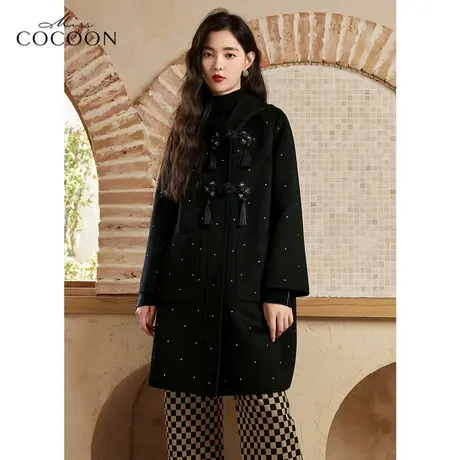missCOCOON新中式黑色毛呢外套女2022新款冬季国风盘扣羊毛呢大衣商品大图