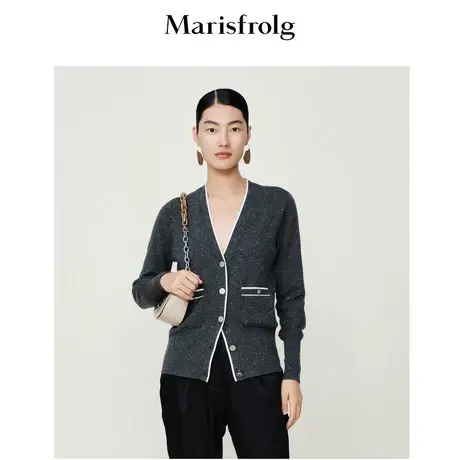 【学院风针织开衫】玛丝菲尔秋季新款深灰色银丝质感羊毛针织开衫图片