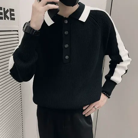 高级感重磅拼色潮牌毛衣男冬季2023潮流韩版轻熟风POLO衫针织线衣商品大图