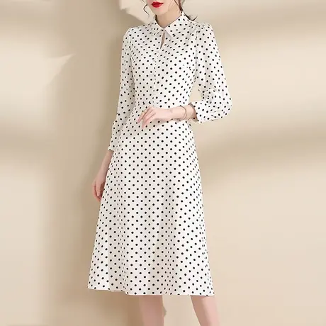 水墨青华新款冬季职业气质黑白圆点显瘦百搭长袖衬衫连衣裙商品大图