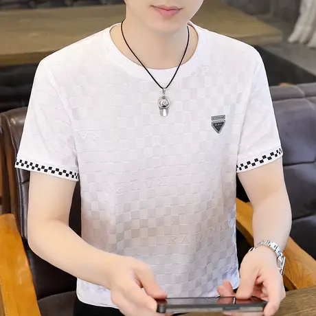 冰丝短袖t恤凉感潮牌夏季宽松男士男款方格提花体恤男士潮流半袖商品大图