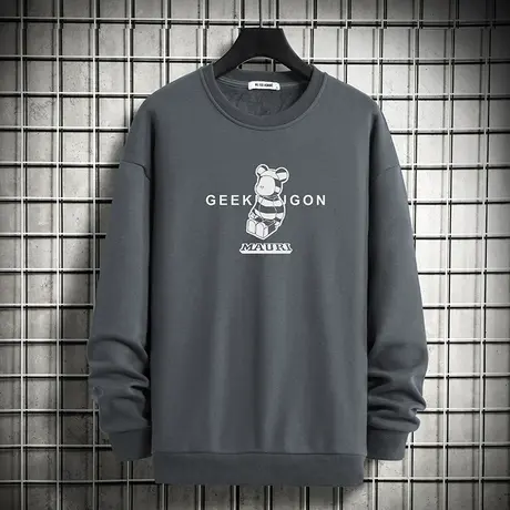 灰色卫衣男士春秋款潮流百搭加绒圆领上衣服宽松套头无帽长袖t恤商品大图