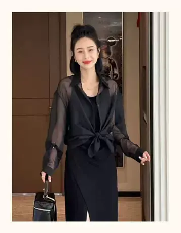 夏季防晒衣衬衫女长袖2023年新款时尚减龄性感透视薄款雪纺衫上衣商品大图