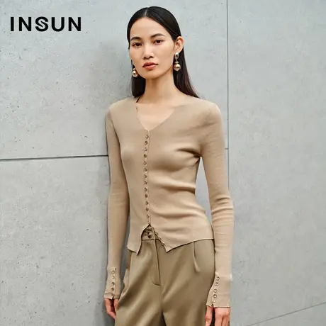 INSUN恩裳线上专选秋季丝棉混纺V领修身针织衫商品大图