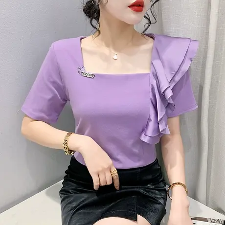 气质方领T恤女短袖网红洋气上衣夏季显瘦百搭小设计感荷叶边体恤图片