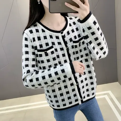 设计感小众针织开衫女春秋2023年新款小香风短款毛衣宽松长袖外套商品大图