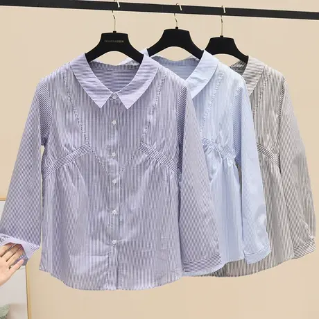 条纹娃娃领衬衫女2023秋新款小清新收腰上衣宽松设计感长袖衬衣女商品大图