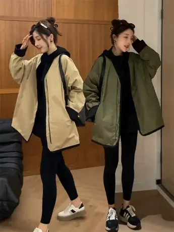 欧货设计感小众撞色V领加棉风衣外套女秋冬宽松休闲两面穿薄棉衣图片