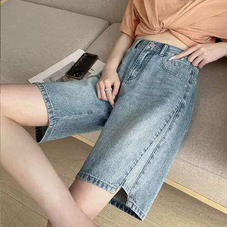 拼接五分牛仔短裤女夏季薄款高腰5分宽松显瘦宽松直筒阔腿裤中裤商品大图