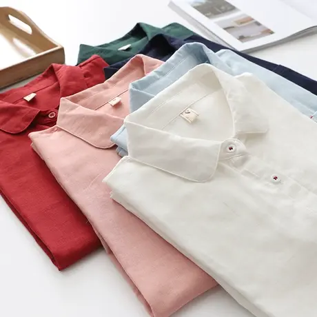双层棉纱白色衬衫女长袖宽松2022春秋季文艺百搭纯棉柔软打底衬衣商品大图