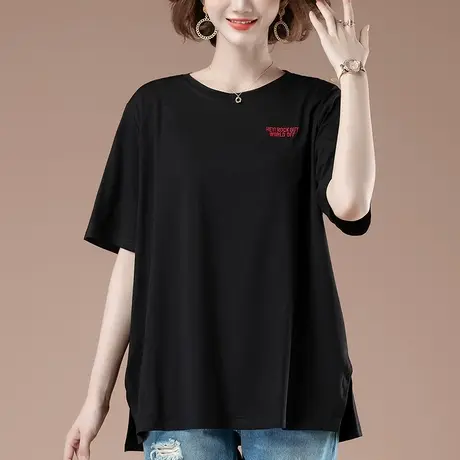短袖t恤女夏季新款加肥加大码女装宽松中年妈妈纯棉简约显瘦体恤商品大图
