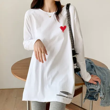 2022秋季新款纯棉T恤女长袖韩版宽松中长款时尚百搭白色上衣ins潮图片