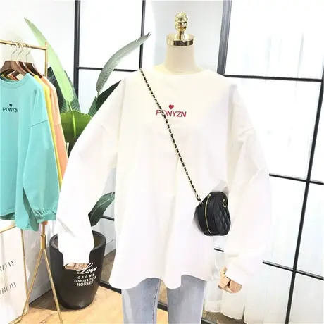 长袖t恤女秋装2020新款韩版ins潮慵懒风bf宽松刺绣爱心内搭上衣服商品大图