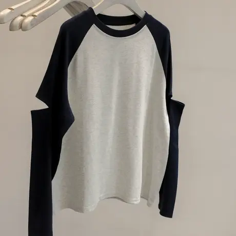 2023秋装新款撞色断袖圆领T恤女韩版简约百搭插肩长袖打底衫上衣商品大图