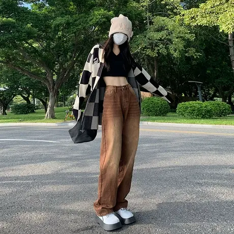 WARDROBE美式高腰阔腿裤女春秋棕色设计感宽松直筒显瘦拖地牛仔裤图片
