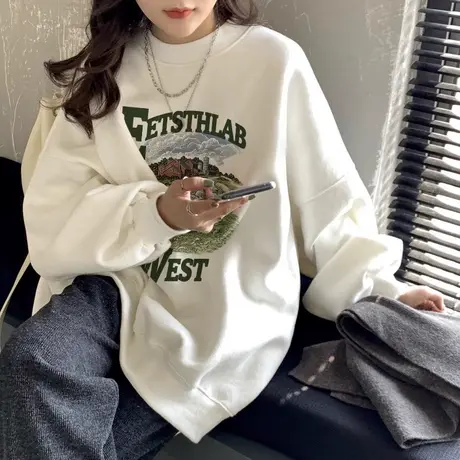 美式复古白色卫衣女加厚百搭冬宽松圆领大码港味复古chic上衣无帽图片