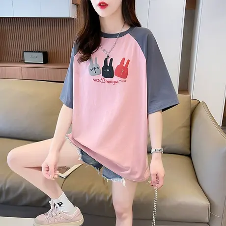 小众设计感短袖t恤女夏季韩版宽松大码女装中长款撞色插肩袖上衣商品大图