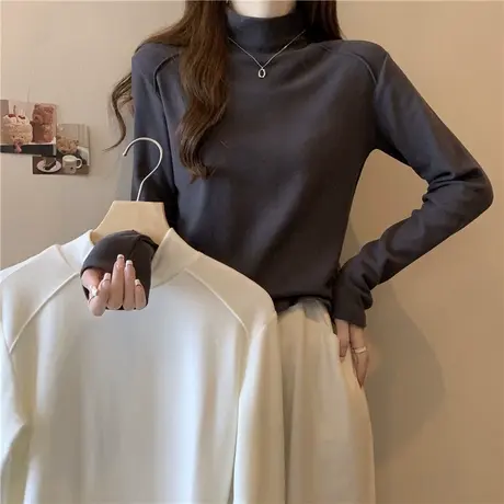 德绒半高领加绒加厚磨毛长袖T恤女秋冬季打底衫内搭叠穿修身上衣商品大图