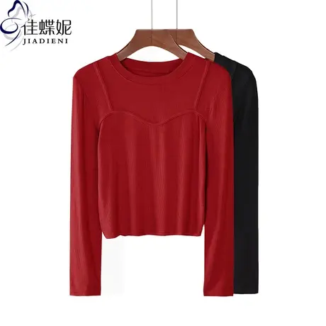 早春高腰圆领露脐短款胸口压线女修身t恤红色百搭体恤长袖打底衫商品大图