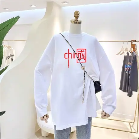 国潮港风ins长袖t恤女秋装2021宽松复古纯棉oversize大码白色上衣商品大图