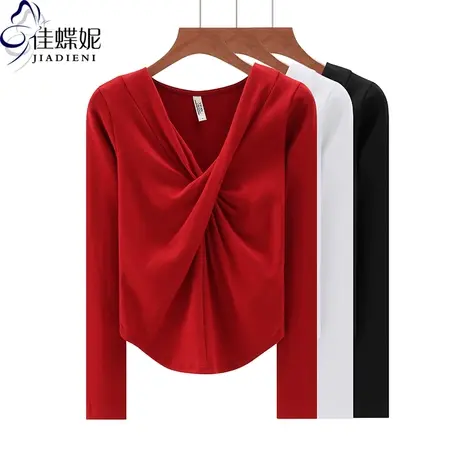 秋冬新款V领扭结修身下摆圆弧纯欲纯棉纯色长袖体恤上衣女打底衫商品大图