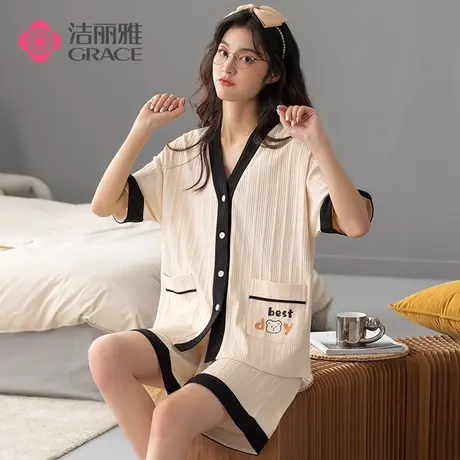 洁丽雅睡衣女士短袖夏季薄款可外穿开衫家居服2022年新款套装夏天商品大图