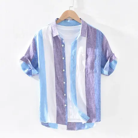 亚麻短袖衬衫男夏季薄款休闲条纹衬衣棉麻上衣男装麻料外套半袖潮商品大图