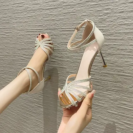 气质性感镂空水钻高跟鞋女2024夏季新款名媛风百搭一字带细跟凉鞋图片