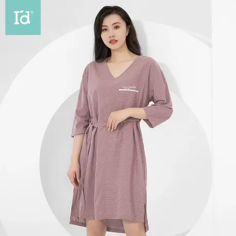 爱帝夏季女士睡裙新款棉质莫迪兰色V领腰带睡衣七分袖显瘦家居服图片
