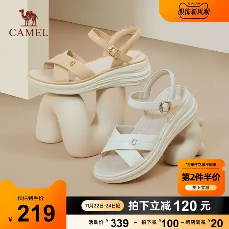 骆驼女鞋2023年夏季新款真皮一字带厚底坡跟粗跟休闲软底妈妈凉鞋图片