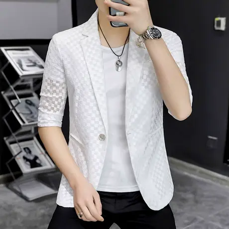 设计感潮牌镂空薄款西装男士短袖透气防晒衣服夏季七分中袖小西服图片