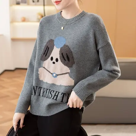 2023秋冬新款韩版宽松圆领套头长袖卡通针织衫女士百搭毛衣上衣女图片